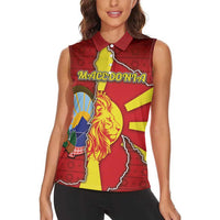 Personalized North Macedonia Women Sleeveless Polo Shirt National Emblem With Lion - Wonder Print Shop