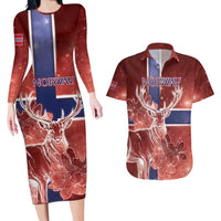 Personalized Norway Couples Matching Long Sleeve Bodycon Dress and Hawaiian Shirt The Moose With Saxifrage Flowers Galaxy Style - Wonder Print Shop