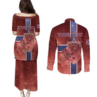 Personalized Norway Couples Matching Puletasi and Long Sleeve Button Shirt The Moose With Saxifrage Flowers Galaxy Style - Wonder Print Shop