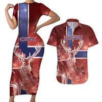 Personalized Norway Couples Matching Short Sleeve Bodycon Dress and Hawaiian Shirt The Moose With Saxifrage Flowers Galaxy Style - Wonder Print Shop
