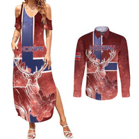 Personalized Norway Couples Matching Summer Maxi Dress and Long Sleeve Button Shirt The Moose With Saxifrage Flowers Galaxy Style - Wonder Print Shop