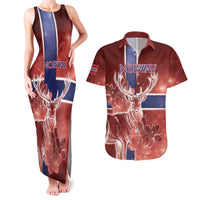 Personalized Norway Couples Matching Tank Maxi Dress and Hawaiian Shirt The Moose With Saxifrage Flowers Galaxy Style - Wonder Print Shop