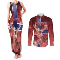 Personalized Norway Couples Matching Tank Maxi Dress and Long Sleeve Button Shirt The Moose With Saxifrage Flowers Galaxy Style - Wonder Print Shop