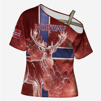 Personalized Norway Cross Shoulder Shirt The Moose With Saxifrage Flowers Galaxy Style - Wonder Print Shop