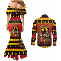 Germany Christmas Couples Matching Mermaid Dress and Long Sleeve Button Shirt Saint Nicholas And Knecht Ruprecht Drink Beer - Wonder Print Shop