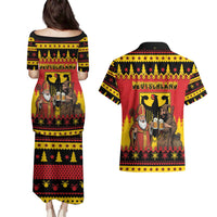 Germany Christmas Couples Matching Puletasi and Hawaiian Shirt Saint Nicholas And Knecht Ruprecht Drink Beer - Wonder Print Shop