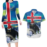 Iceland Christmas Couples Matching Long Sleeve Bodycon Dress and Hawaiian Shirt Yule Cat Gledileg Jol - Wonder Print Shop