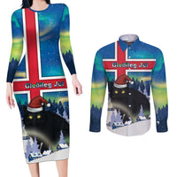 Iceland Christmas Couples Matching Long Sleeve Bodycon Dress and Long Sleeve Button Shirt Yule Cat Gledileg Jol - Wonder Print Shop