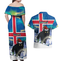 Iceland Christmas Couples Matching Off Shoulder Maxi Dress and Hawaiian Shirt Yule Cat Gledileg Jol - Wonder Print Shop