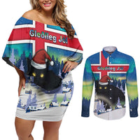 Iceland Christmas Couples Matching Off Shoulder Short Dress and Long Sleeve Button Shirt Yule Cat Gledileg Jol - Wonder Print Shop
