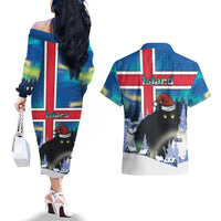 Iceland Christmas Couples Matching Off The Shoulder Long Sleeve Dress and Hawaiian Shirt Yule Cat Gledileg Jol - Wonder Print Shop