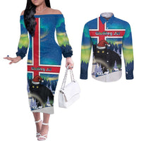 Iceland Christmas Couples Matching Off The Shoulder Long Sleeve Dress and Long Sleeve Button Shirt Yule Cat Gledileg Jol - Wonder Print Shop