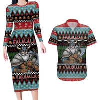Vikings Christmas Couples Matching Long Sleeve Bodycon Dress and Hawaiian Shirt Warrior Santa - Wonder Print Shop