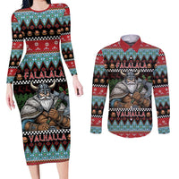 Vikings Christmas Couples Matching Long Sleeve Bodycon Dress and Long Sleeve Button Shirt Warrior Santa - Wonder Print Shop