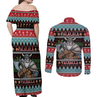 Vikings Christmas Couples Matching Off Shoulder Maxi Dress and Long Sleeve Button Shirt Warrior Santa - Wonder Print Shop