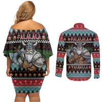 Vikings Christmas Couples Matching Off Shoulder Short Dress and Long Sleeve Button Shirt Warrior Santa - Wonder Print Shop