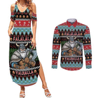 Vikings Christmas Couples Matching Summer Maxi Dress and Long Sleeve Button Shirt Warrior Santa - Wonder Print Shop