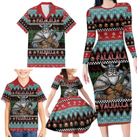 Vikings Christmas Family Matching Long Sleeve Bodycon Dress and Hawaiian Shirt Warrior Santa - Wonder Print Shop