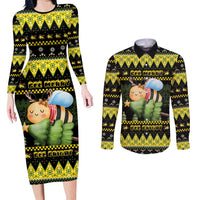 Bee Christmas Couples Matching Long Sleeve Bodycon Dress and Long Sleeve Button Shirt Cute Bumblebee - Wonder Print Shop
