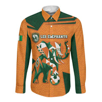 Custom Ivory Coast Football Long Sleeve Button Shirt Elephant Geometric African Art Style