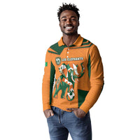 Custom Ivory Coast Football Long Sleeve Polo Shirt Elephant Geometric African Art Style