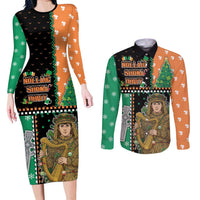 Ireland Christmas Couples Matching Long Sleeve Bodycon Dress and Long Sleeve Button Shirt Wren Boy With Shamrock Xmas Tree - Wonder Print Shop
