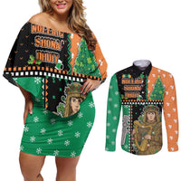 Ireland Christmas Couples Matching Off Shoulder Short Dress and Long Sleeve Button Shirt Wren Boy With Shamrock Xmas Tree - Wonder Print Shop