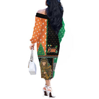 Ireland Christmas Off The Shoulder Long Sleeve Dress Wren Boy With Shamrock Xmas Tree - Wonder Print Shop