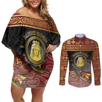 Danish Empire Couples Matching Off Shoulder Short Dress and Long Sleeve Button Shirt Kalmar Union With Viking Patterns - Wonder Print Shop