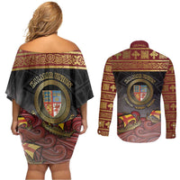 Danish Empire Couples Matching Off Shoulder Short Dress and Long Sleeve Button Shirt Kalmar Union With Viking Patterns - Wonder Print Shop
