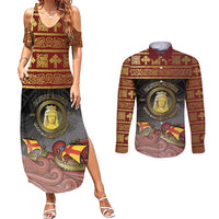 Danish Empire Couples Matching Summer Maxi Dress and Long Sleeve Button Shirt Kalmar Union With Viking Patterns - Wonder Print Shop