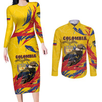 Personalized Colombia Couples Matching Long Sleeve Bodycon Dress and Long Sleeve Button Shirt Colombian Andean Condor With Coat Of Arms - Wonder Print Shop