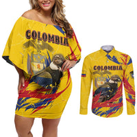 Personalized Colombia Couples Matching Off Shoulder Short Dress and Long Sleeve Button Shirt Colombian Andean Condor With Coat Of Arms - Wonder Print Shop