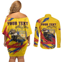 Personalized Colombia Couples Matching Off Shoulder Short Dress and Long Sleeve Button Shirt Colombian Andean Condor With Coat Of Arms - Wonder Print Shop