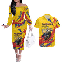 Personalized Colombia Couples Matching Off The Shoulder Long Sleeve Dress and Hawaiian Shirt Colombian Andean Condor With Coat Of Arms - Wonder Print Shop