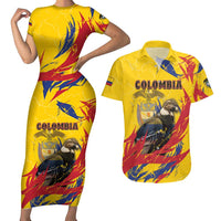 Personalized Colombia Couples Matching Short Sleeve Bodycon Dress and Hawaiian Shirt Colombian Andean Condor With Coat Of Arms - Wonder Print Shop