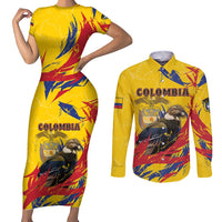 Personalized Colombia Couples Matching Short Sleeve Bodycon Dress and Long Sleeve Button Shirt Colombian Andean Condor With Coat Of Arms - Wonder Print Shop