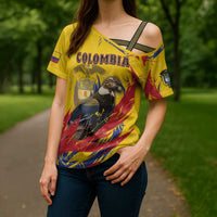 Personalized Colombia Cross Shoulder Shirt Colombian Andean Condor With Coat Of Arms - Wonder Print Shop