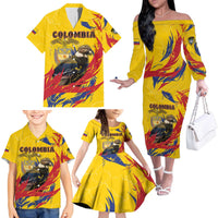 Personalized Colombia Family Matching Off The Shoulder Long Sleeve Dress and Hawaiian Shirt Colombian Andean Condor With Coat Of Arms - Wonder Print Shop