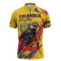 Personalized Colombia Zipper Polo Shirt Colombian Andean Condor With Coat Of Arms - Wonder Print Shop