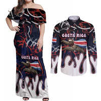 Personalized Costa Rica Couples Matching Off Shoulder Maxi Dress and Long Sleeve Button Shirt Flying Sloth - Wonder Print Shop