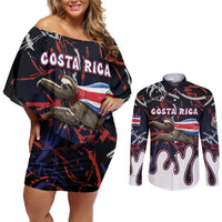 Personalized Costa Rica Couples Matching Off Shoulder Short Dress and Long Sleeve Button Shirt Flying Sloth - Wonder Print Shop