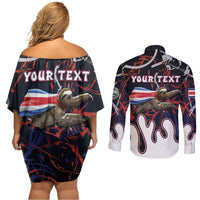 Personalized Costa Rica Couples Matching Off Shoulder Short Dress and Long Sleeve Button Shirt Flying Sloth - Wonder Print Shop