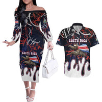 Personalized Costa Rica Couples Matching Off The Shoulder Long Sleeve Dress and Hawaiian Shirt Flying Sloth - Wonder Print Shop