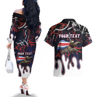 Personalized Costa Rica Couples Matching Off The Shoulder Long Sleeve Dress and Hawaiian Shirt Flying Sloth - Wonder Print Shop