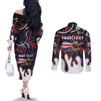 Personalized Costa Rica Couples Matching Off The Shoulder Long Sleeve Dress and Long Sleeve Button Shirt Flying Sloth - Wonder Print Shop