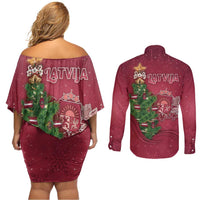 Latvia Christmas Couples Matching Off Shoulder Short Dress and Long Sleeve Button Shirt Xmas Tree Latvija - Wonder Print Shop