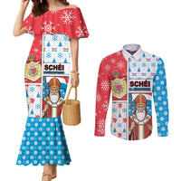 Luxembourg Christmas Couples Matching Mermaid Dress and Long Sleeve Button Shirt Kleeschen With Xmas Patterns - Wonder Print Shop