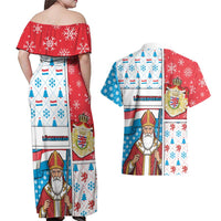 Luxembourg Christmas Couples Matching Off Shoulder Maxi Dress and Hawaiian Shirt Kleeschen With Xmas Patterns - Wonder Print Shop