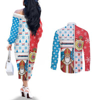 Luxembourg Christmas Couples Matching Off The Shoulder Long Sleeve Dress and Long Sleeve Button Shirt Kleeschen With Xmas Patterns - Wonder Print Shop